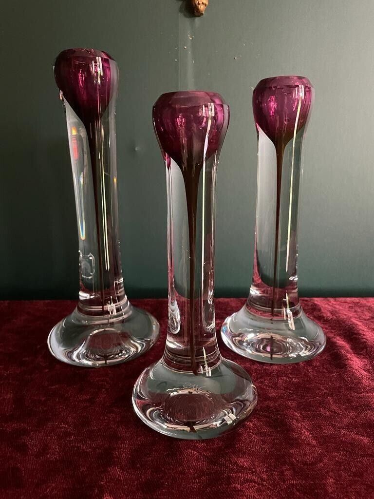 Vintage Scandinavian Glass Candle Holders Purple Drip Design Heavy Clear Base Mid Century Modern Elegant Statement Home Decor Collectible