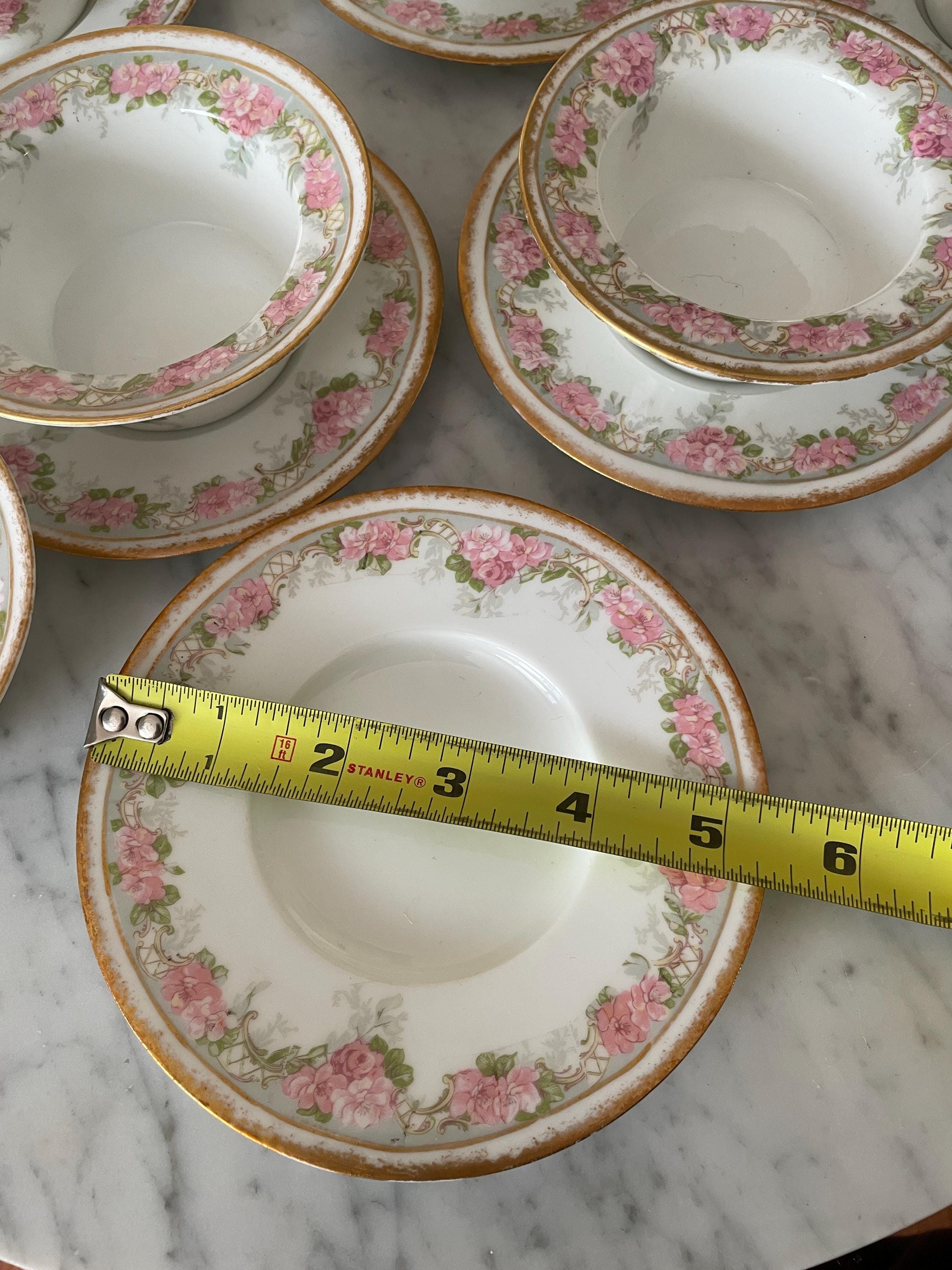 Jean Pouyat Limoges Pink Roses Gold Ramekin & Saucers Set of 6 Vintage Floral Porcelain Soup Bowls Set Gold Rimmed Elegant Dishware