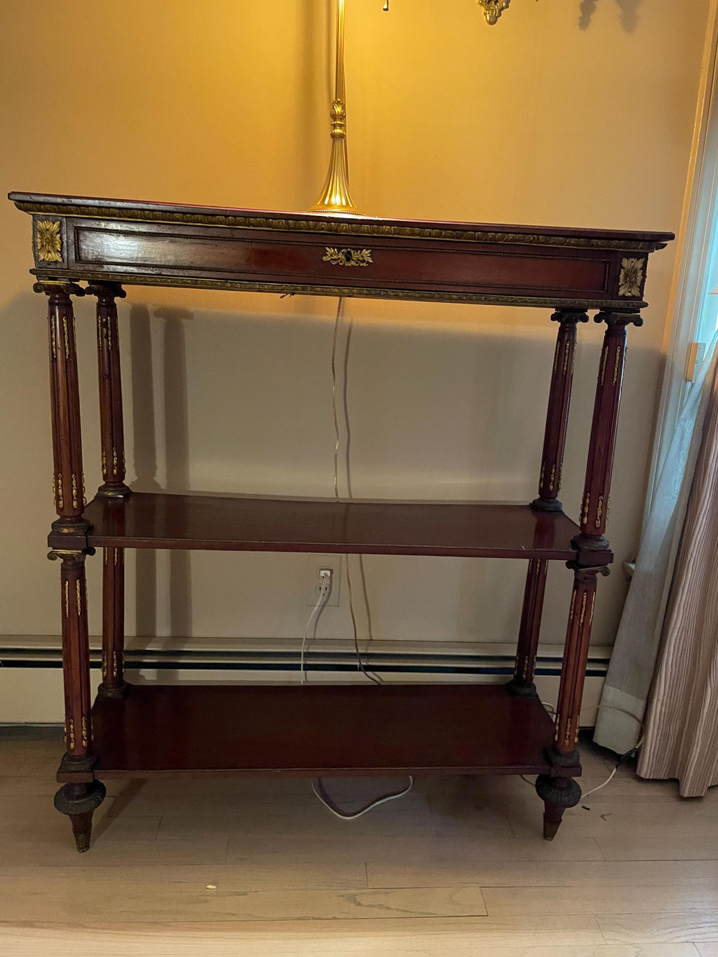 Antique French Empire Mahogany Console Table Three Tier Gilt Bronze Mounts Elegant Hallway Entryway Display Stand Decorative Furniture
