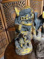 Antique Asian Foo Dog Sculptures Pair Hand Carved Guardian Lions Gold Accents Temple Decor Wood Figurines Home Collectible Art Statue