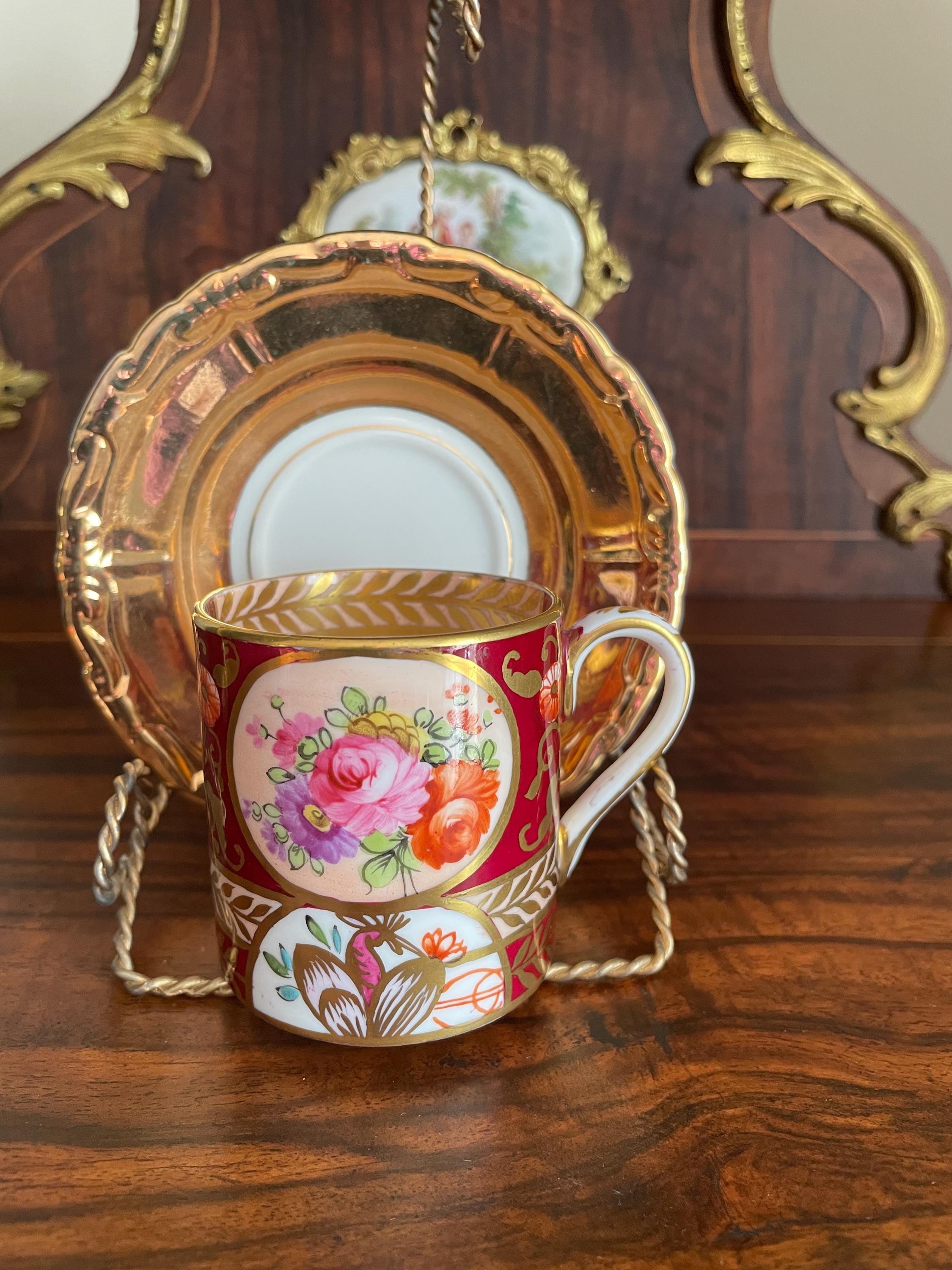 Vintage Floral Porcelain Teacup Set Gold Trim Red Hand Painted Saucer English Style Display Elegant Romantic Roses Regal Collectible Decor