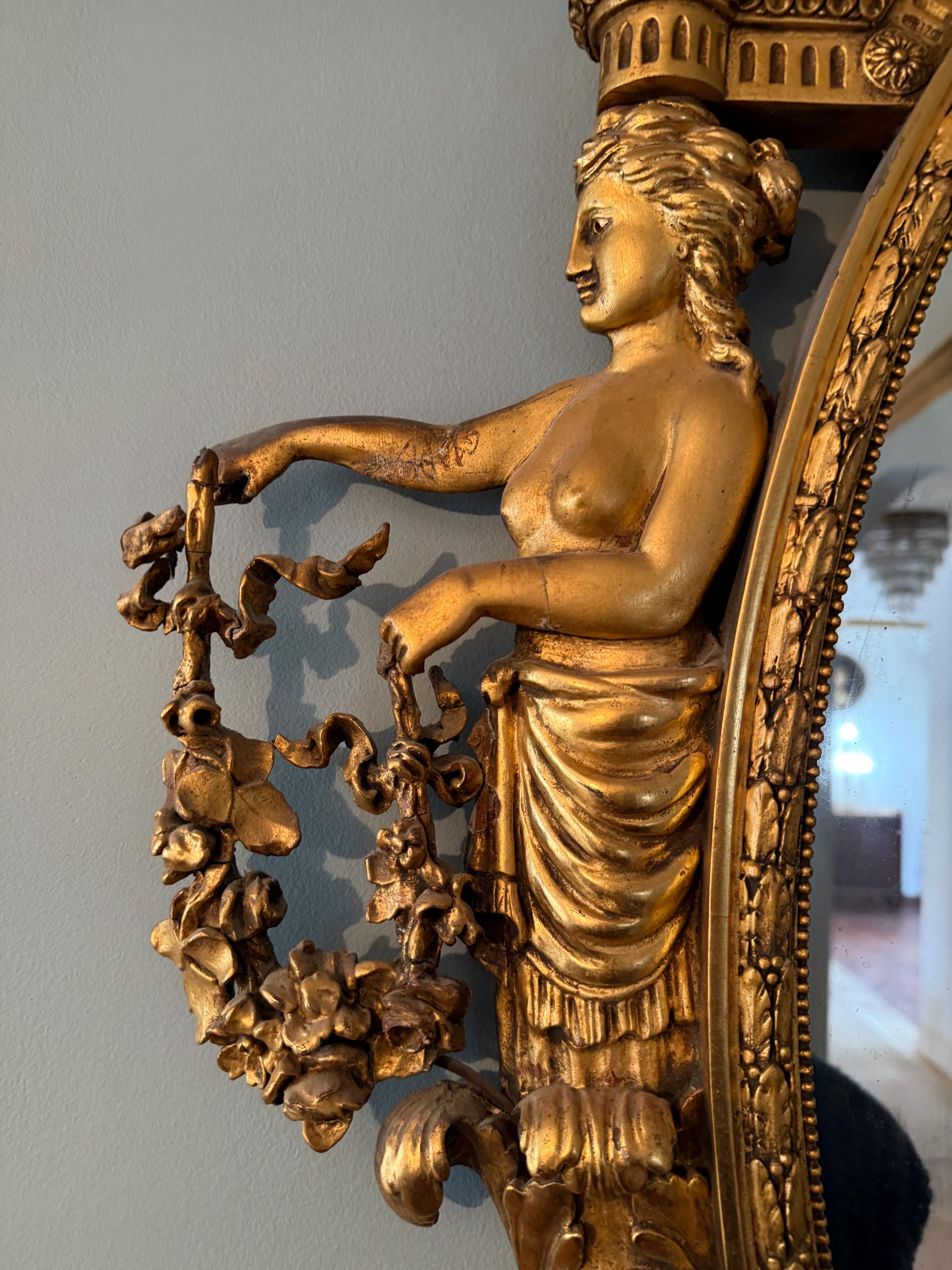 Antique French Gilded Convex Mirror, Neoclassical Urn & Female Figures