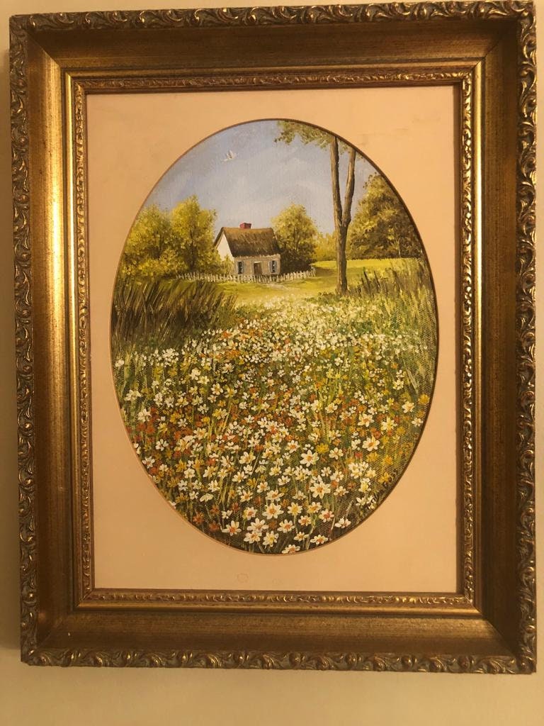 Vintage Oval Framed Wildflower Landscape Painting Signed by Artist Marilyn Goff Peaceful Countryside Cottage Meadow Garden Scene Decoration