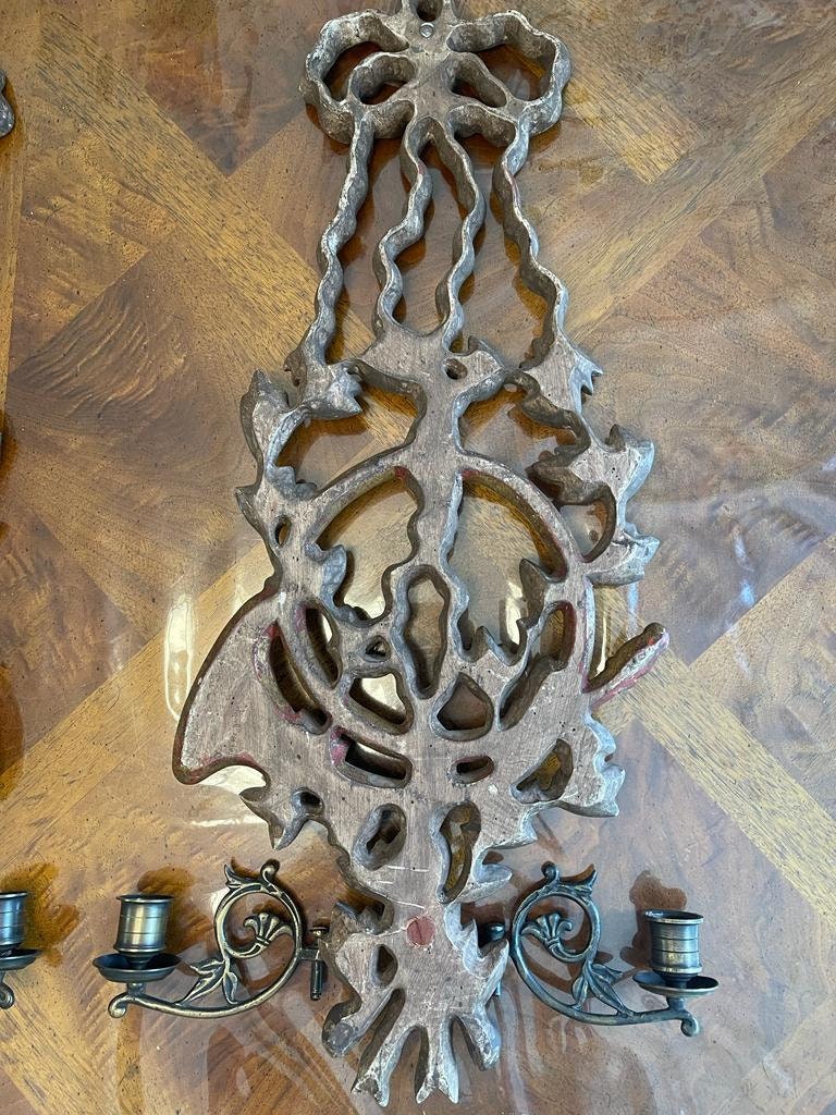 Pair of Early 20th Century Large Gilded Wood 2 Arm Wall Sconces From Italy