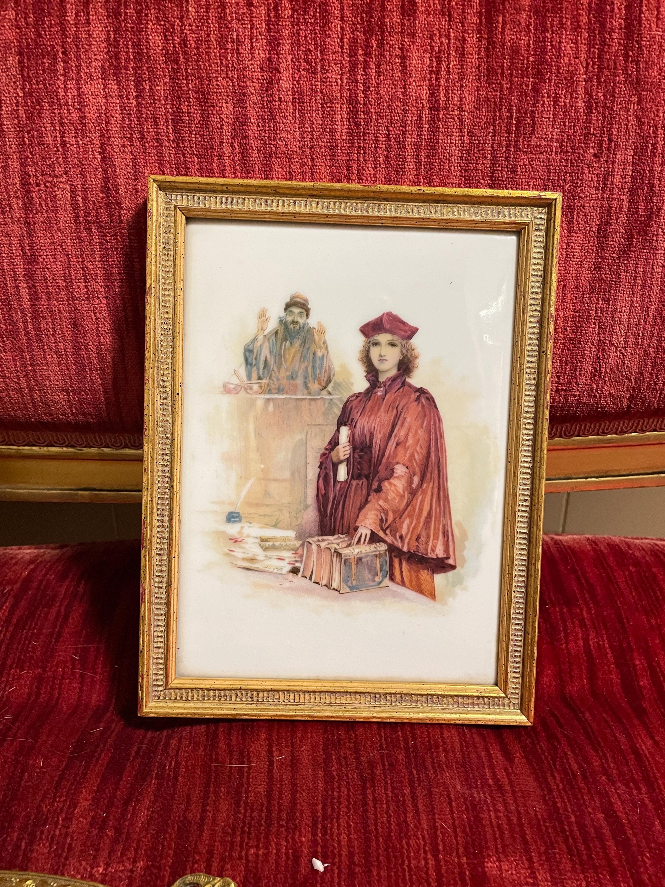 Vintage Graduation Themed Painting on Tile Art Framed Portrait of Graduate in Academic  Classic Gold Frame Decor  Christmas Gift Elegant