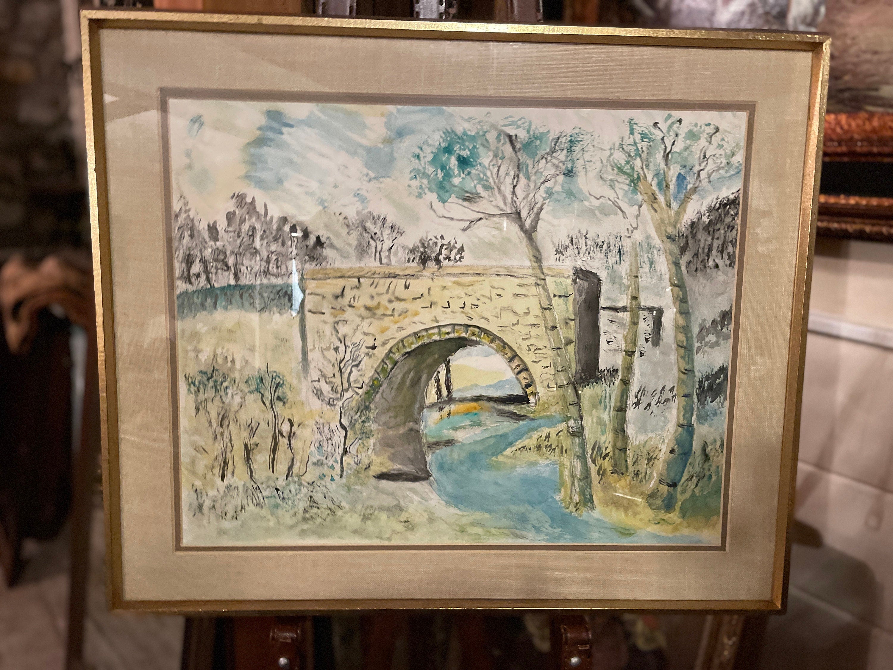 Original Watercolor Landscape Painting Stone Bridge Scene Signed Framed Vintage Wall Art Countryside Decor Gold Frame Rustic Charm Gift Idea