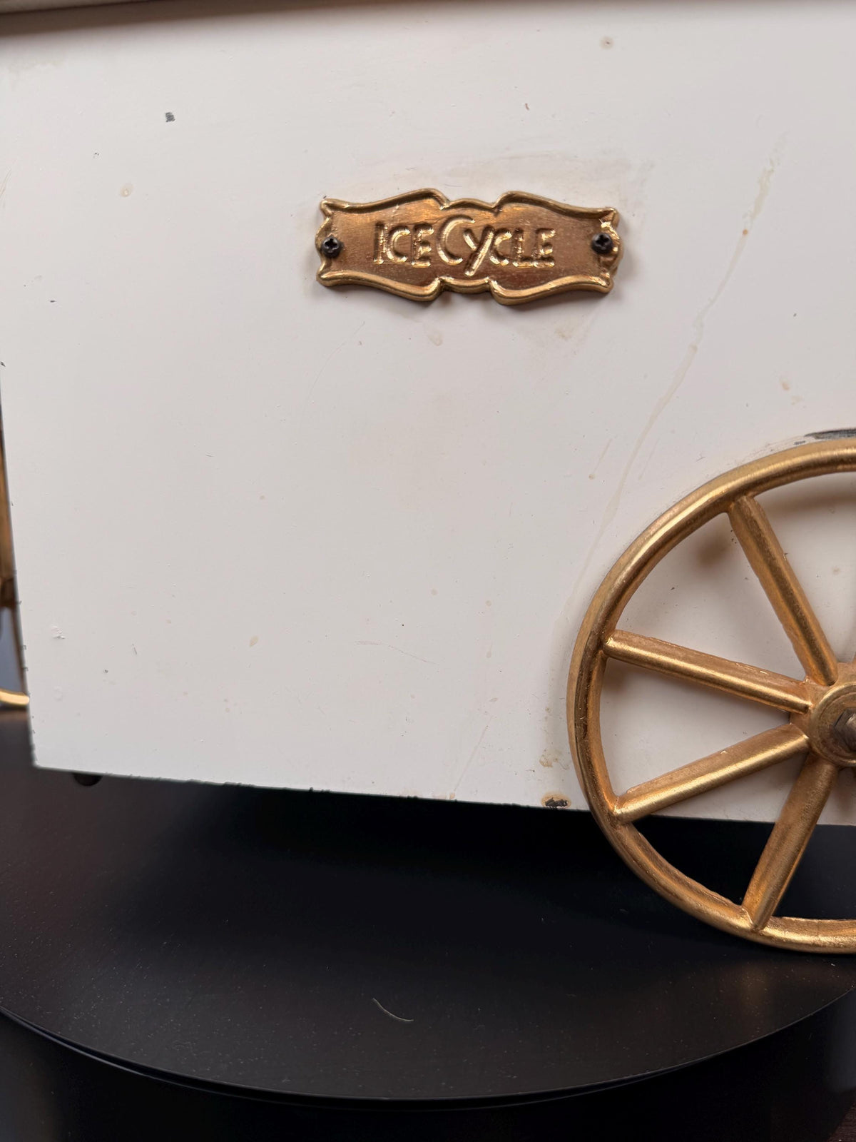 Vintage Ice Cycle Tricycle Ice Bucket Wine Cooler Bar Cart Brass & White Wood Barware