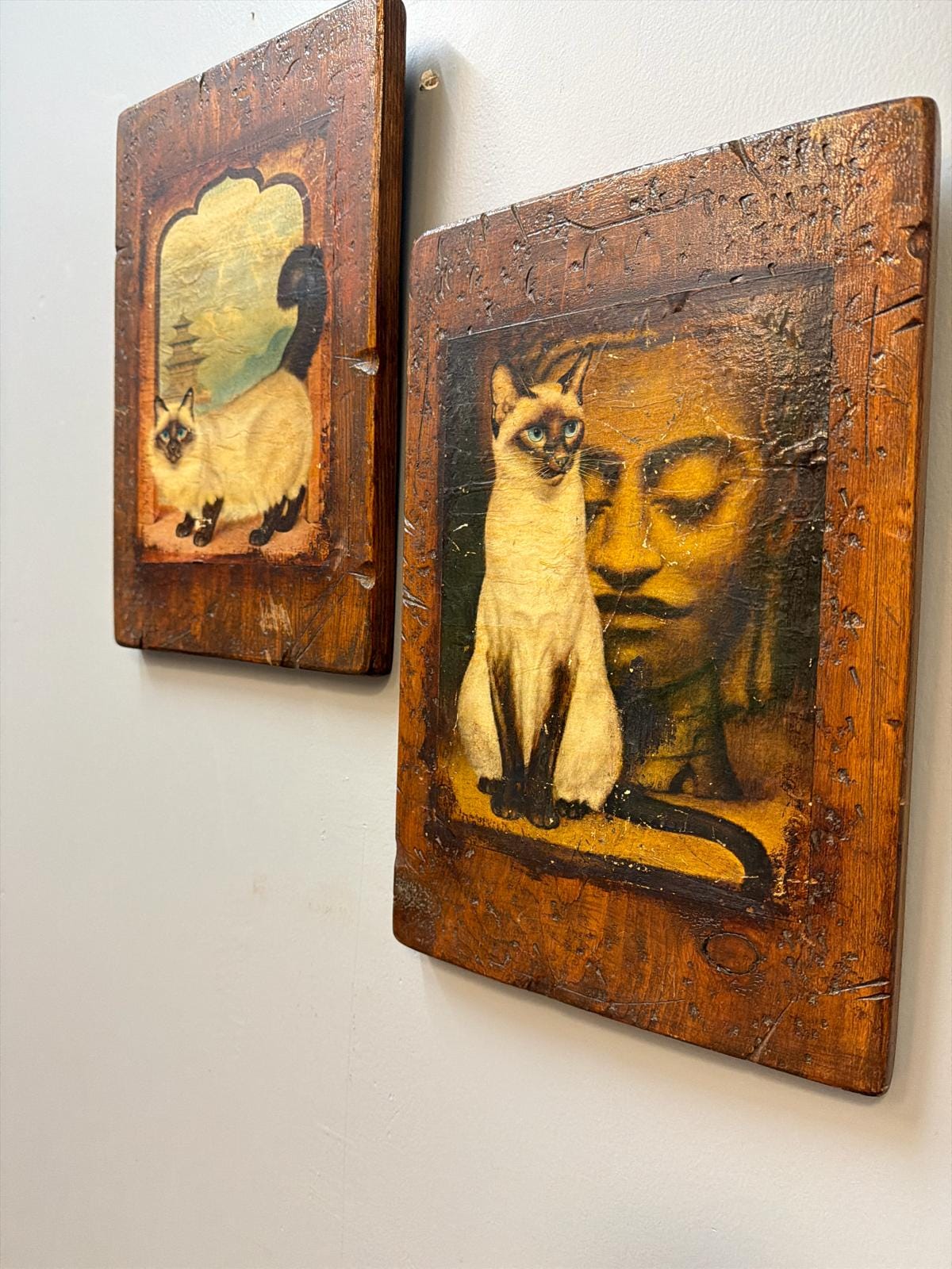 Vintage Style Siamese Cat Art Panels – Rustic Wood Mixed Media Wall Decor – Eclectic Boho Cat Lover Gift – Set of 2 Print transfer on wood