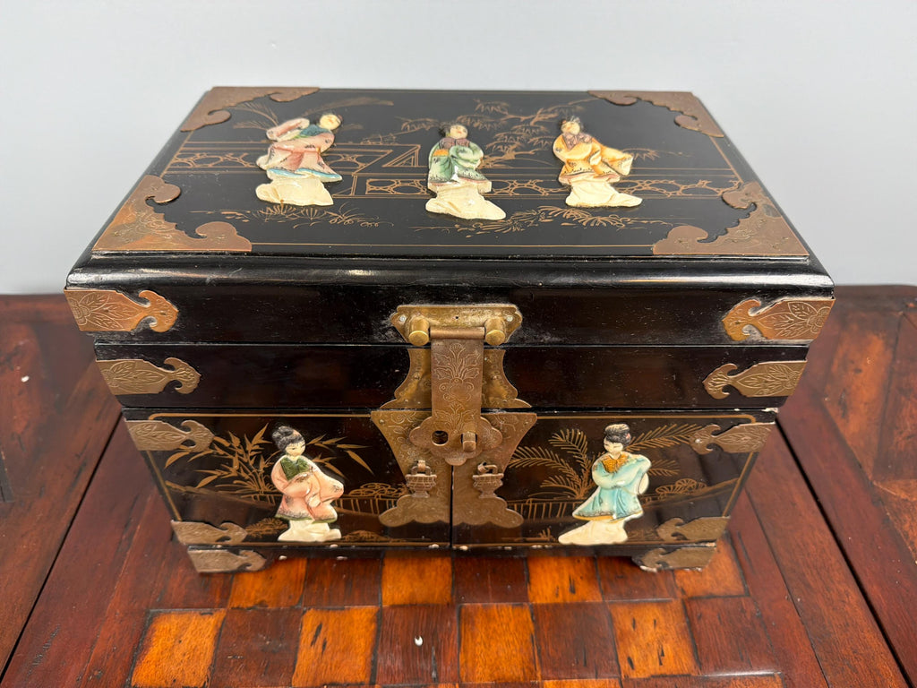 Antique Chinese Black Lacquer Jewelry Chest, Hand-Painted Figures, Engraved Brass Hardware, c.1900