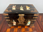 Antique Chinese Black Lacquer Jewelry Chest, Hand-Painted Figures, Engraved Brass Hardware, c.1900