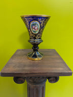 Antique Bohemian Enamel Gilded Art Glass Cobalt Blue Hand Painted Vase Goblet  Floral Medallions Moser Style Decorative