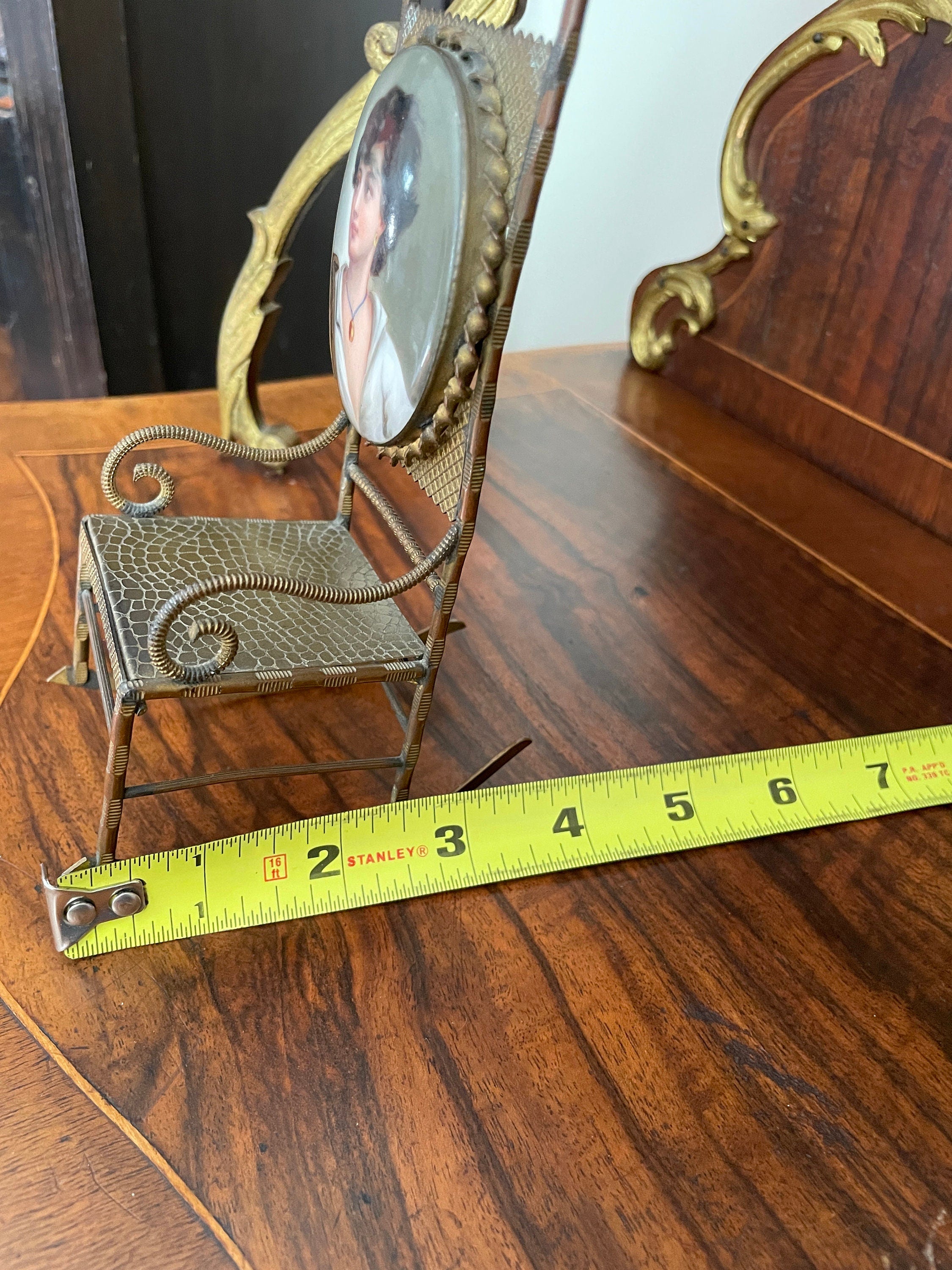 Antique Miniature Bronze Rocking Chair Portrait Enamel Backrest Ornate Victorian Display Chair Rare Collectible Home Decoration Piece