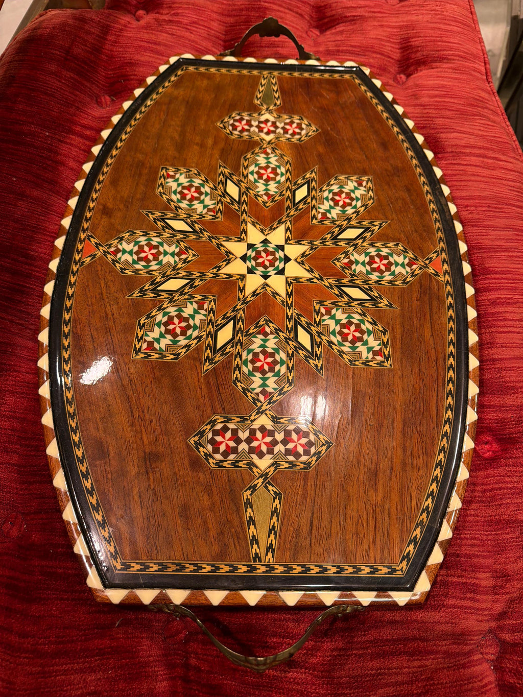 Vintage Inlaid Wood Tray: Damascus Geometric Star Mosaic Wall Hanging