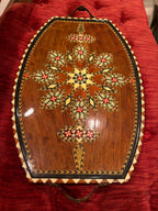 Vintage Inlaid Wood Tray: Damascus Geometric Star Mosaic Wall Hanging