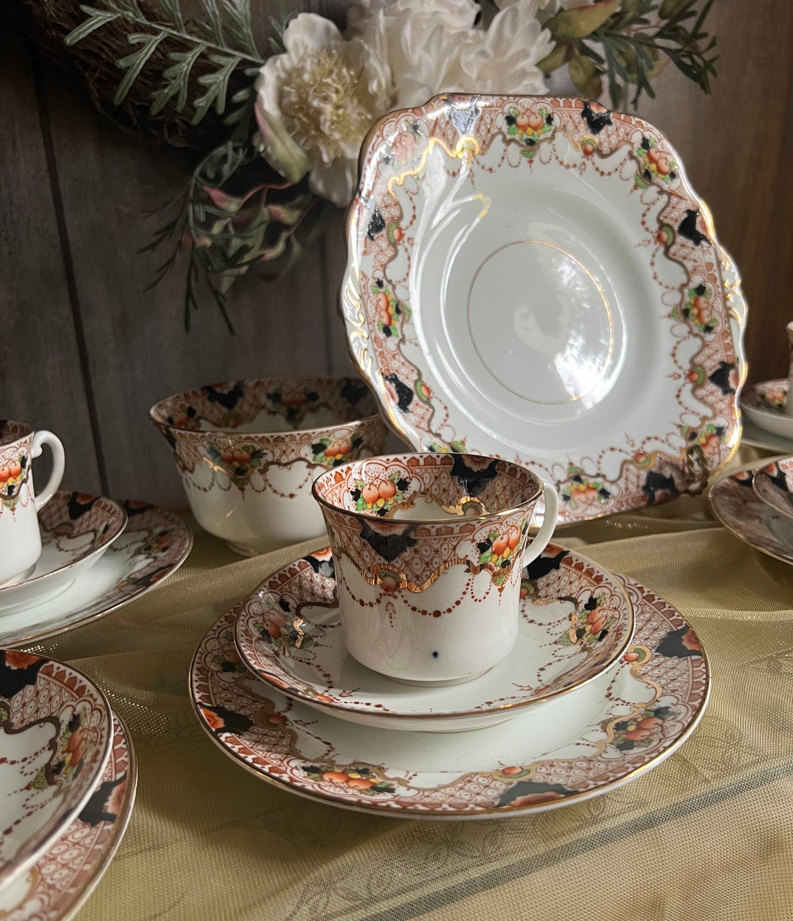 Vintage Royal Crown Derby Imari Style Porcelain Tea Set Hand Painted Floral Pattern Gold Trimmed Cups Plates Bowls Pitcher Elegant Decor