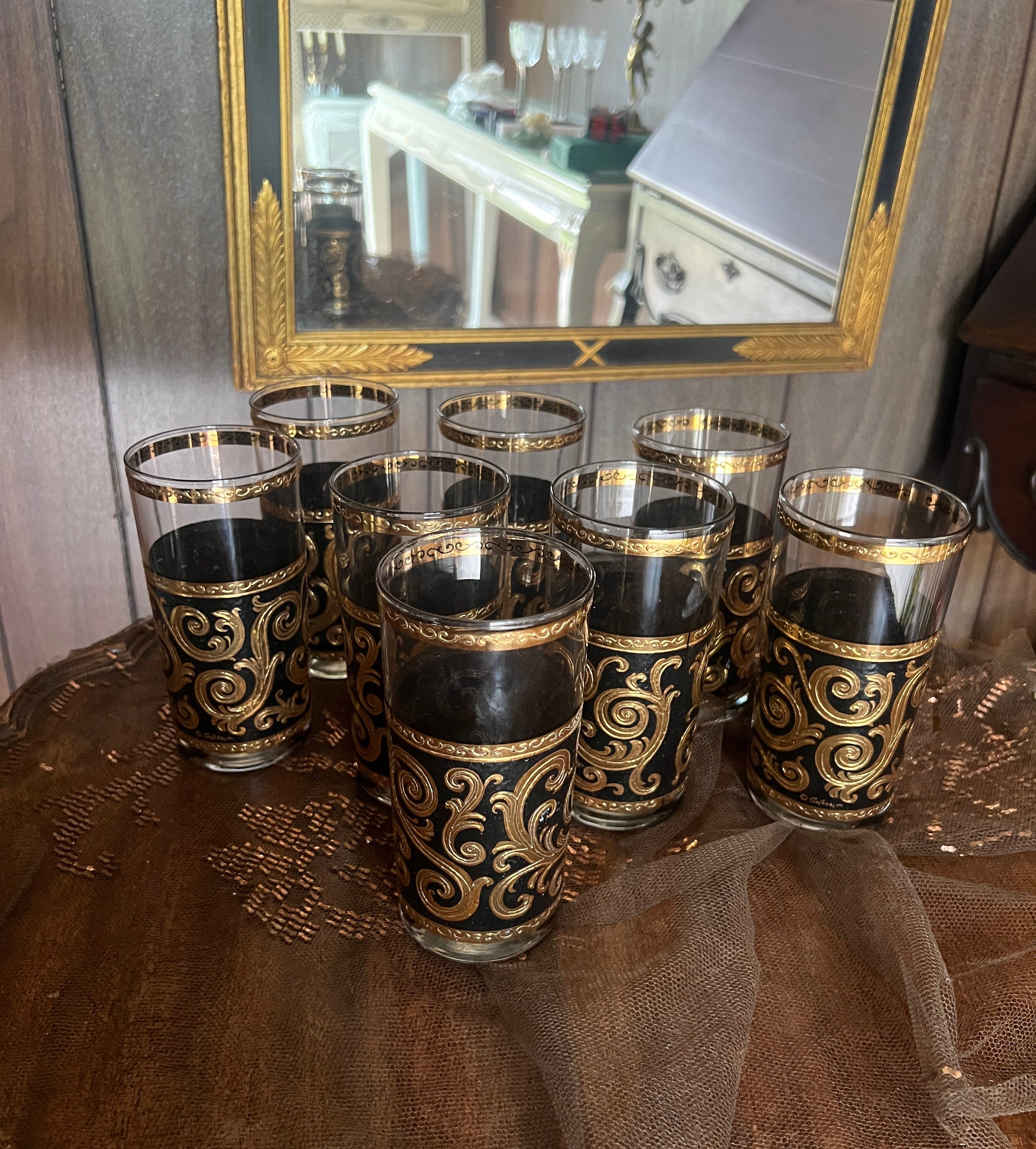 Set Of 9 Culver Black Gold Highball Glasses Vintage Barware Mid Century Hollywood Regency Elegant Scroll Design Cocktail Tumblers Decoration