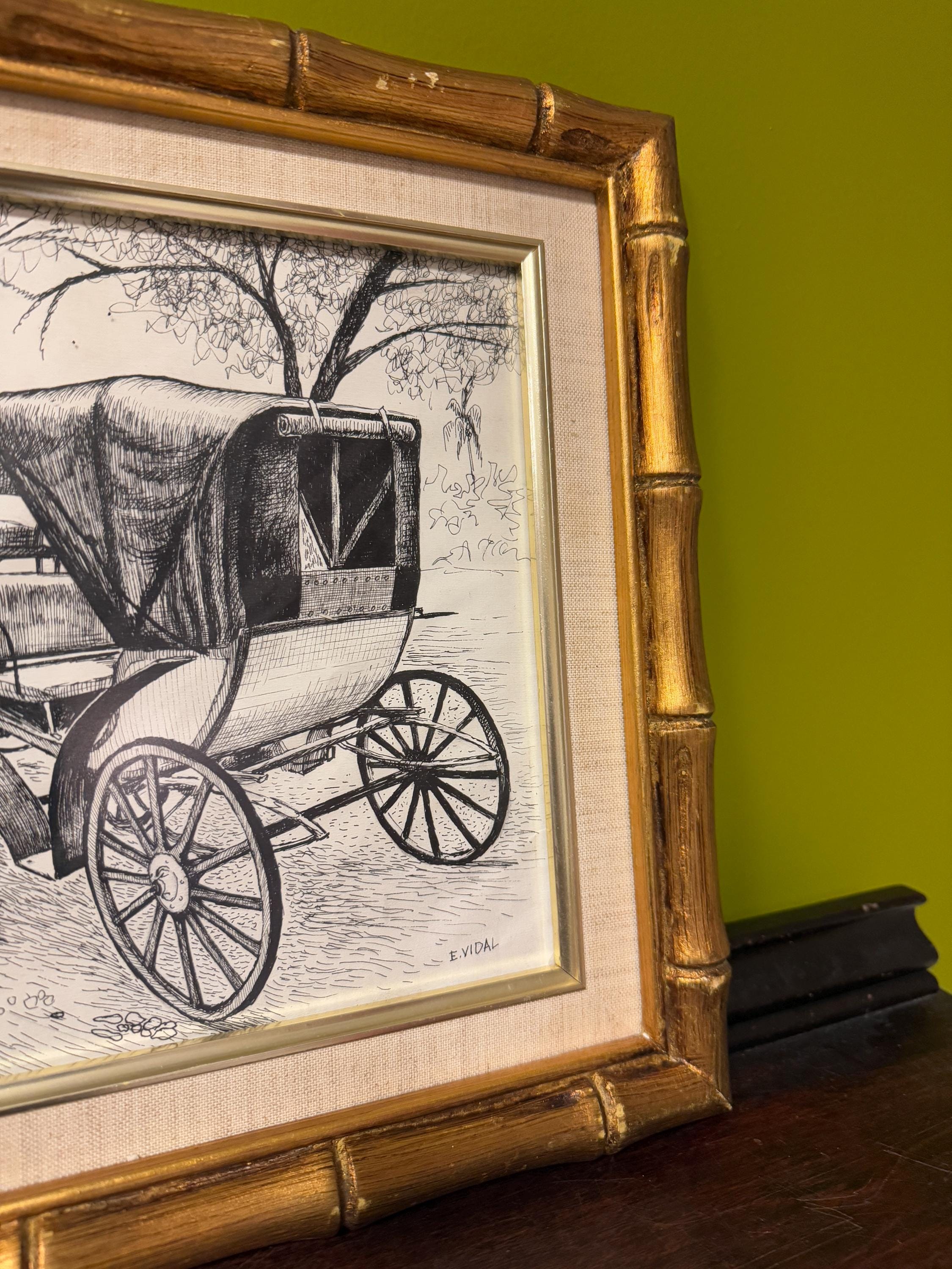 Vintage Horse Carriage Drawing Signed E. Vidal Gold Wood Bamboo Style Frame Rustic Farmhouse Wall Art Ink Illustration Home Wall Decoration