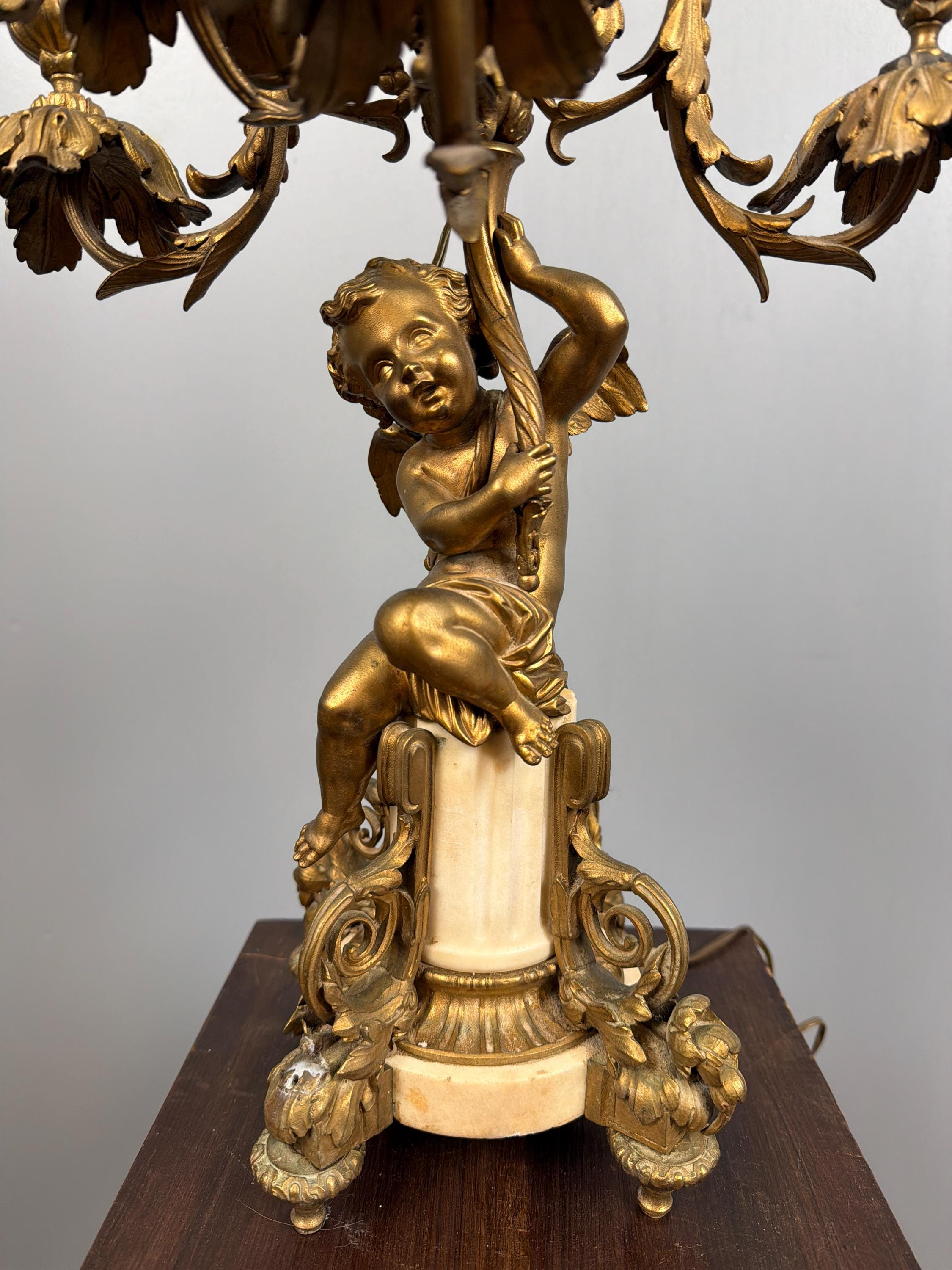 Antique French Ormolu Cherub Candelabra Pair, Gilt Bronze Marble Base Louis XVI Style