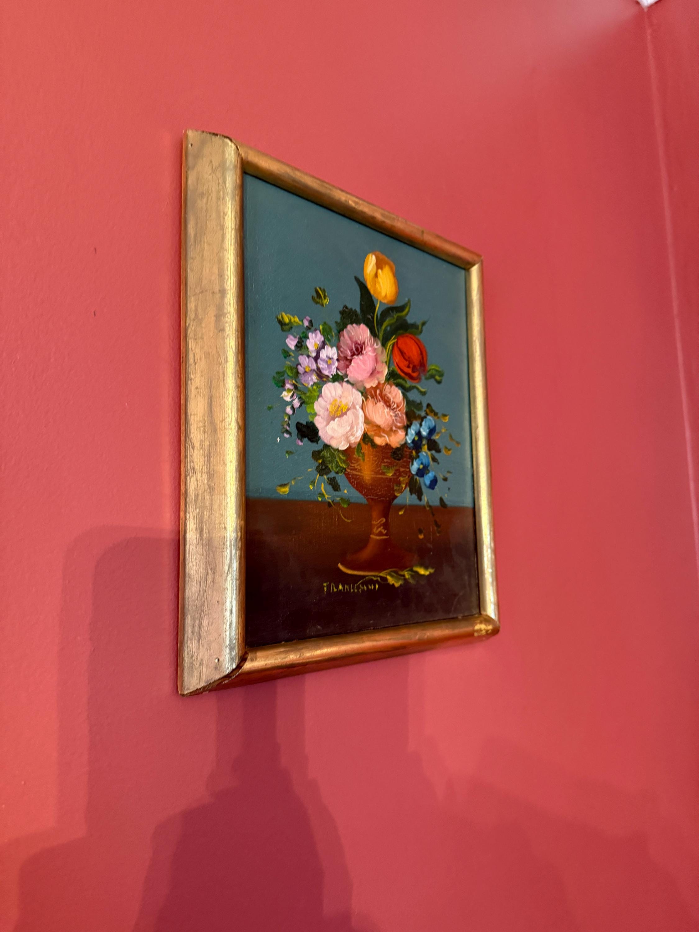 Vintage Floral Oil Painting Wall Art Collectible Signed Artwork Floral Still Life Oil Painting Francesco Wood Gilded Frame European Artwork