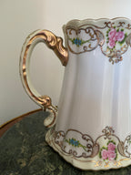 Antique Victorian Floral Hand Painted Porcelain  Pitcher Gold Gilt