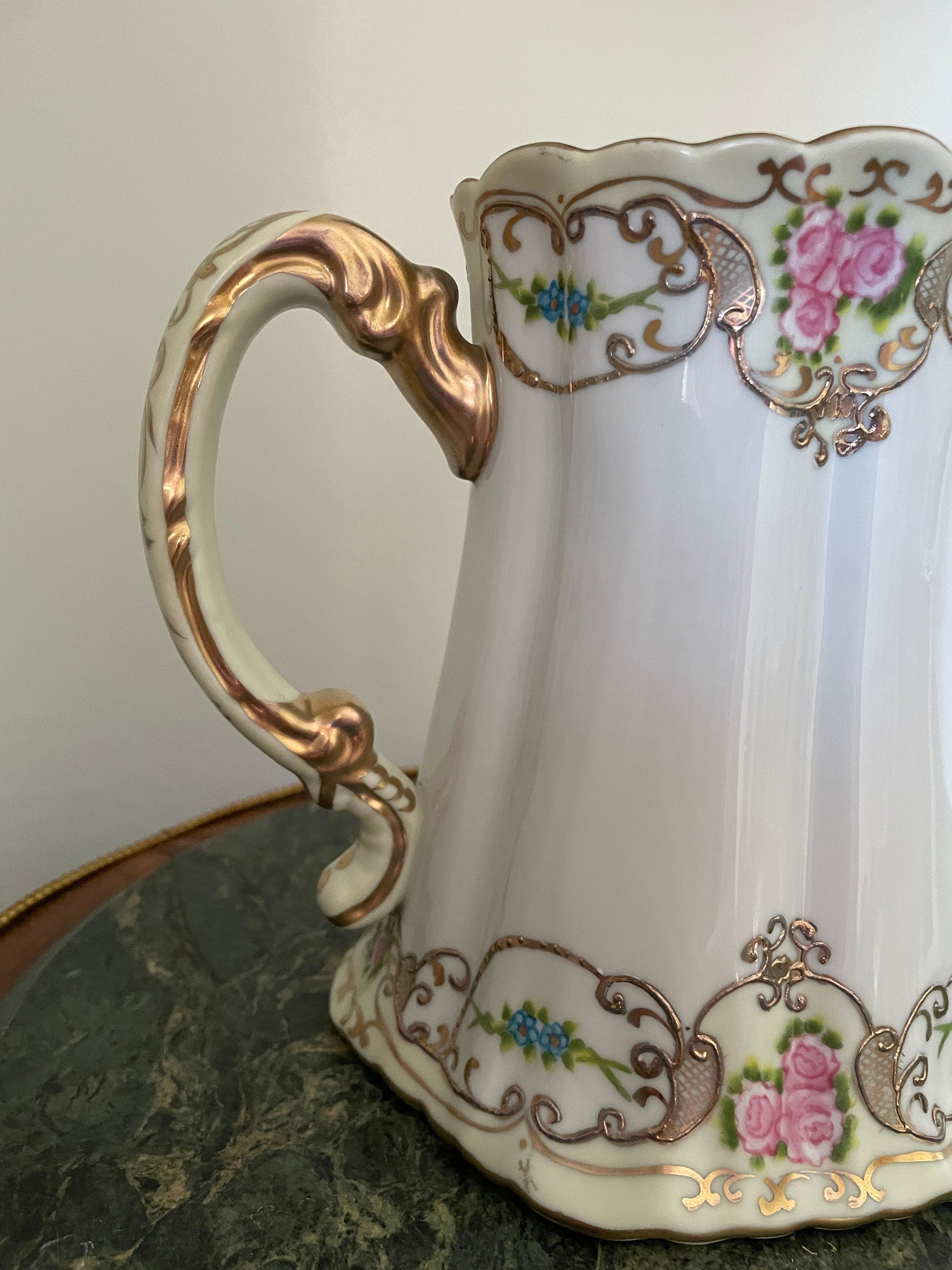 Antique Victorian Floral Hand Painted Porcelain  Pitcher Gold Gilt