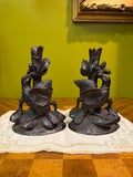 Antique Black Forest Hand Carved Bird Candlesticks Pair Oak Leaves Acorns Alpine Folk Art Wooden Candle Holders