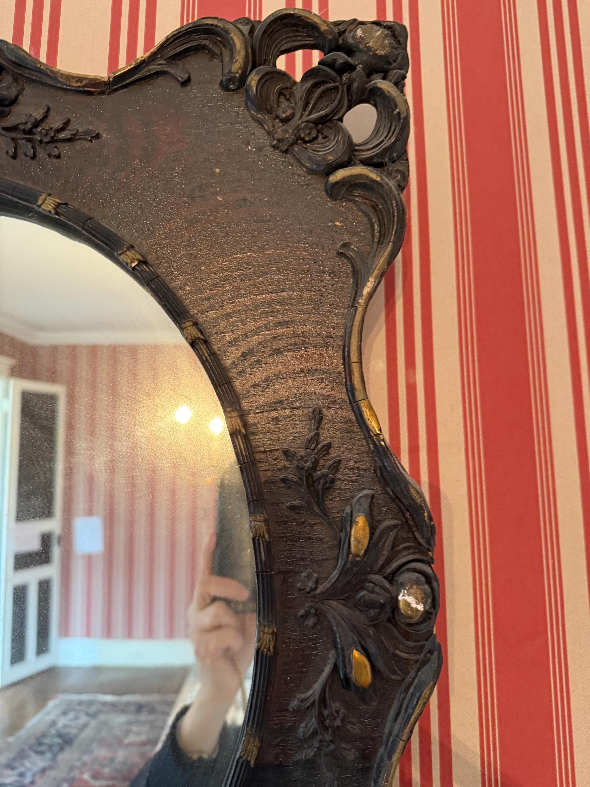 Antique Victorian Wall Mirror Ornate Carved Oval Mirror Gilded Accents Gothic Gesso Rococo Decor Dark Wood Baroque French Luxurious Mirror