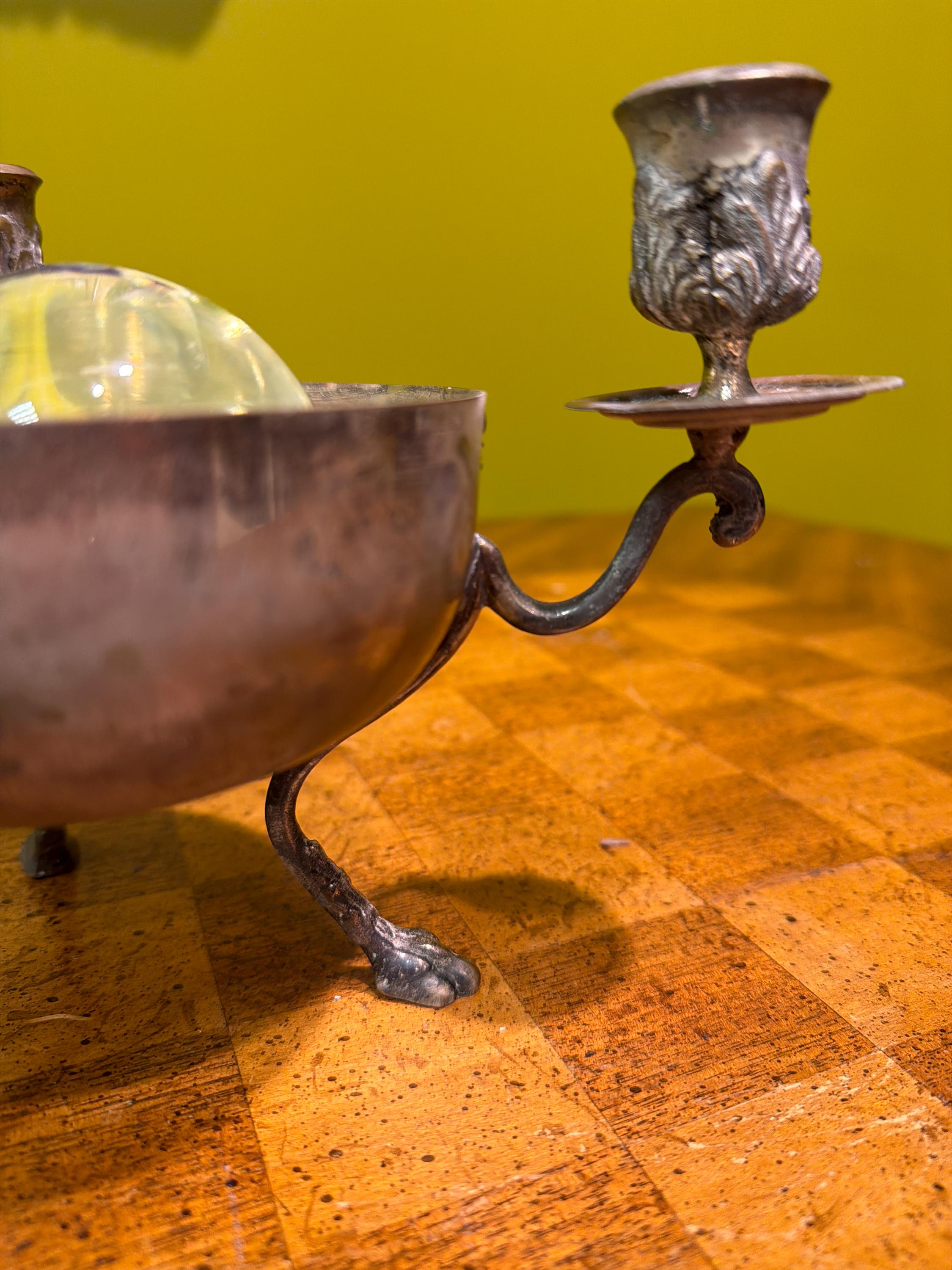 Antique Silver Plate Three Arm Candelabra Centerpiece Bowl with Paw Feet