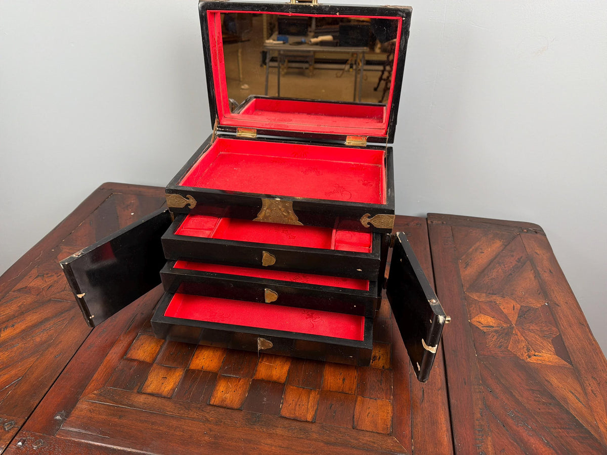 Antique Chinese Black Lacquer Jewelry Chest, Hand-Painted Figures, Engraved Brass Hardware, c.1900