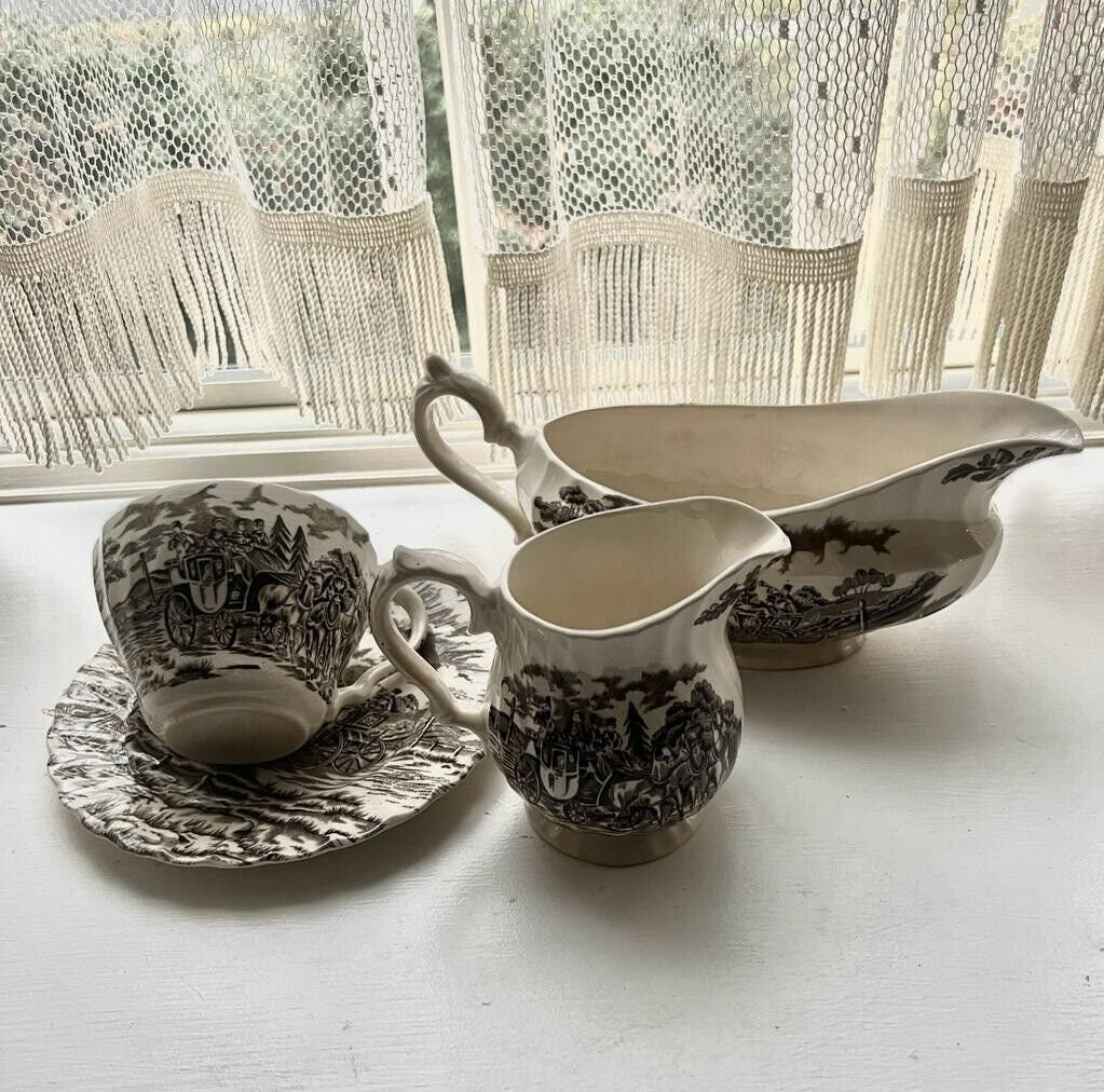 Vintage Royal Mail Heritage Hall Staffordshire Transferware English China Dinnerware Tea Set Rare English Country Horse Carriage Scene