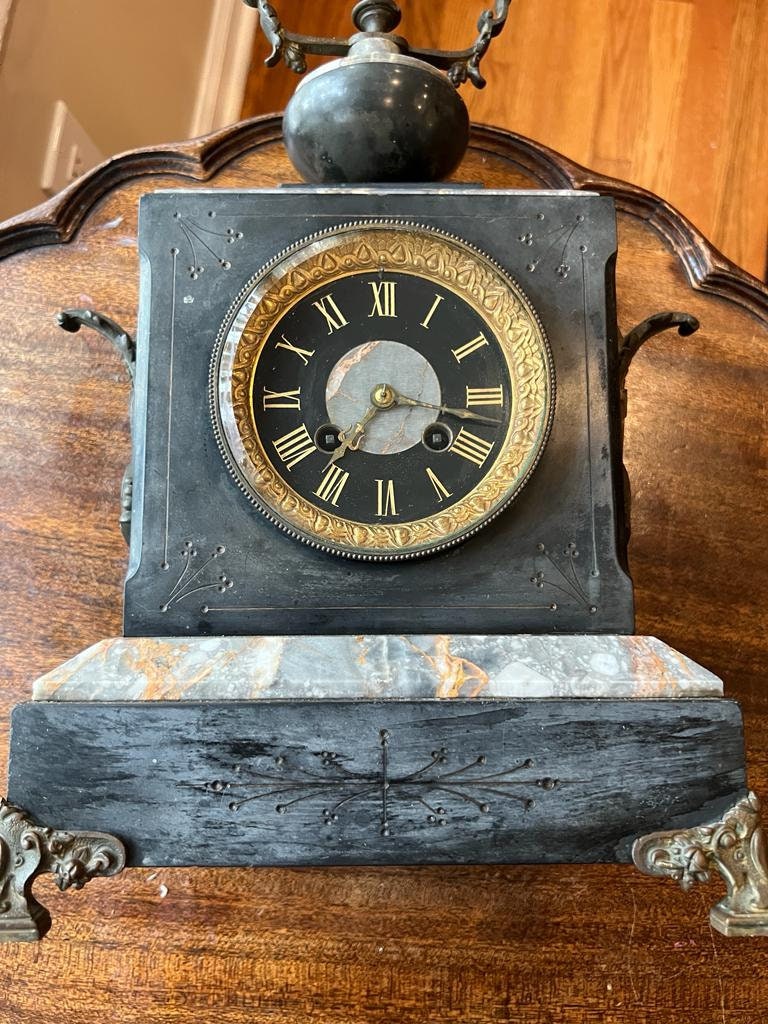 Antique French Marble Clock Set Victorian Black Slate Bronze Ormolu Mantelpiece Decorative Vintage Clock Collectible Centerpiece Rare Gift