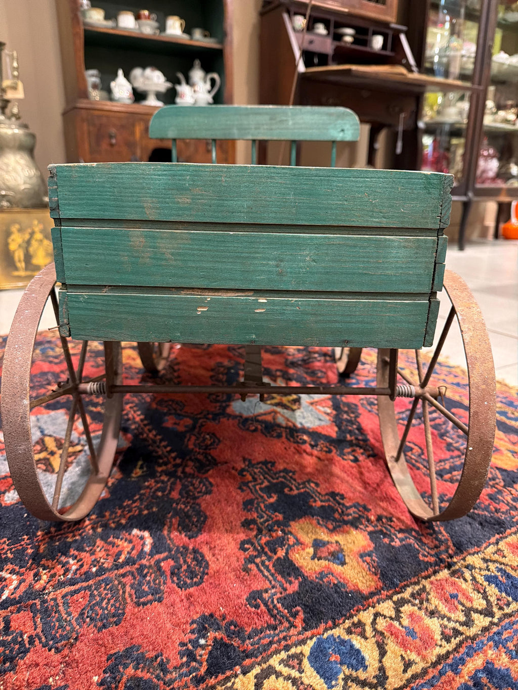 Antique Wooden Wagon Green Child Pull Wagon Primitive Farm Cart Rustic Farmhouse Decor Outdoor Planter