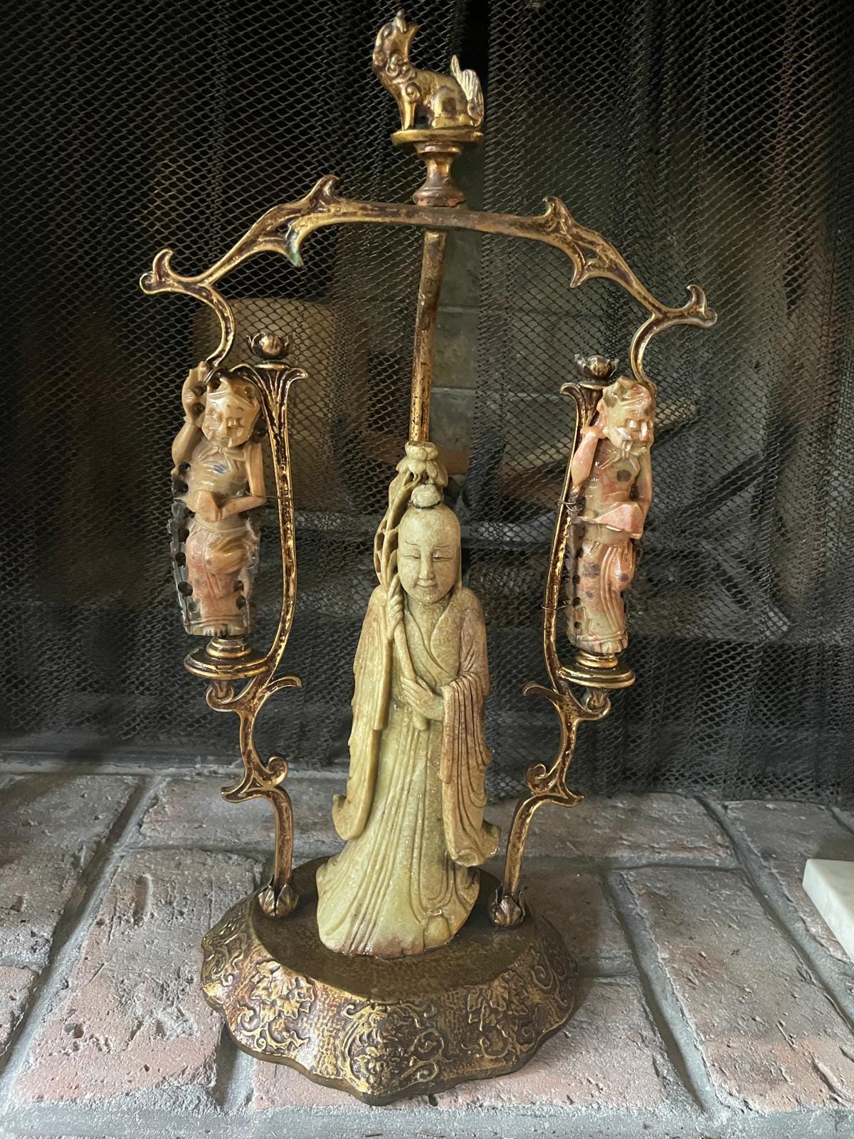 Vintage Asian Incense Burner Carved Soapstone Figures Gilt Brass Stand Mythical Beast Top Ornate Detailing Unique Home Decor Statue Art