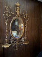 Antique French Wall Mirror 19th Century Oval Gilt Floral Wood Neoclassical Design Urn Garland Carvings Two Candle Shelves Luxurious Mirror