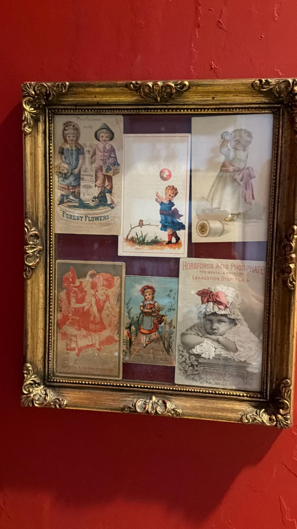 Antique Victorian Trade Card Display Gold Framed Advertising Ephemera Wall Art Child Lithographs