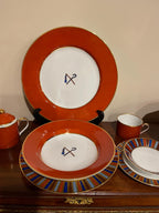 Vintage Ramses Fitz Floyd Porcelain Dinnerware Set Service For 8 Elegant Dinner Plates Platter Cups Saucers Teapot Creamer Gold Red Blue Set