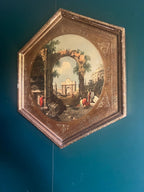 Vintage Italian Florentia Canaletto Style Hexagon Wall Art Ornate Gilt Frame Roman Ruins Scene Classical Landscape Architecture Art