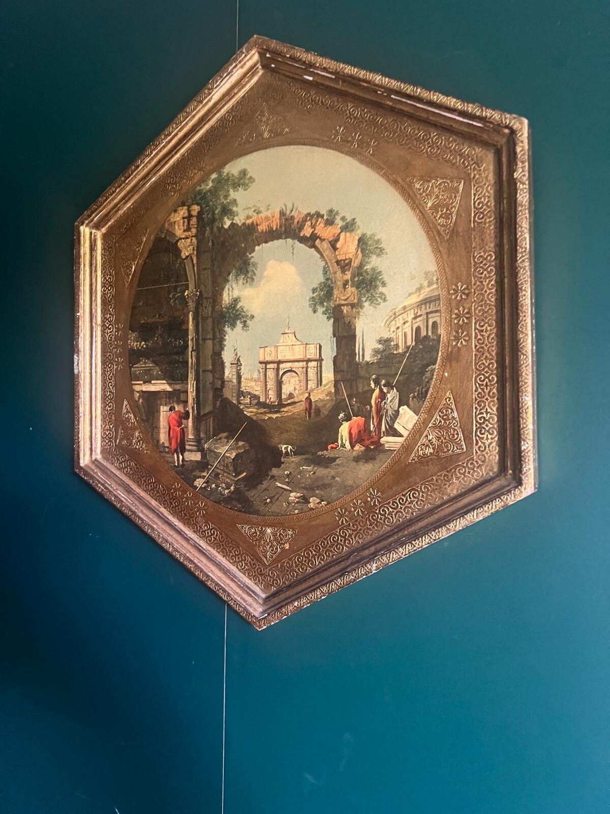Vintage Italian Florentia Canaletto Style Hexagon Wall Art Ornate Gilt Frame Roman Ruins Scene Classical Landscape Architecture Art