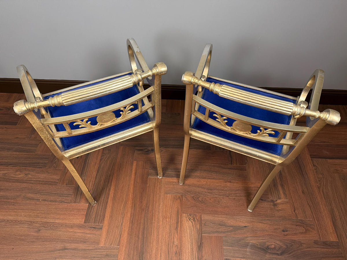 Pair Hollywood Regency Gilt Armchairs, Blue Velvet Seats, Neoclassical Scroll Accent Seating