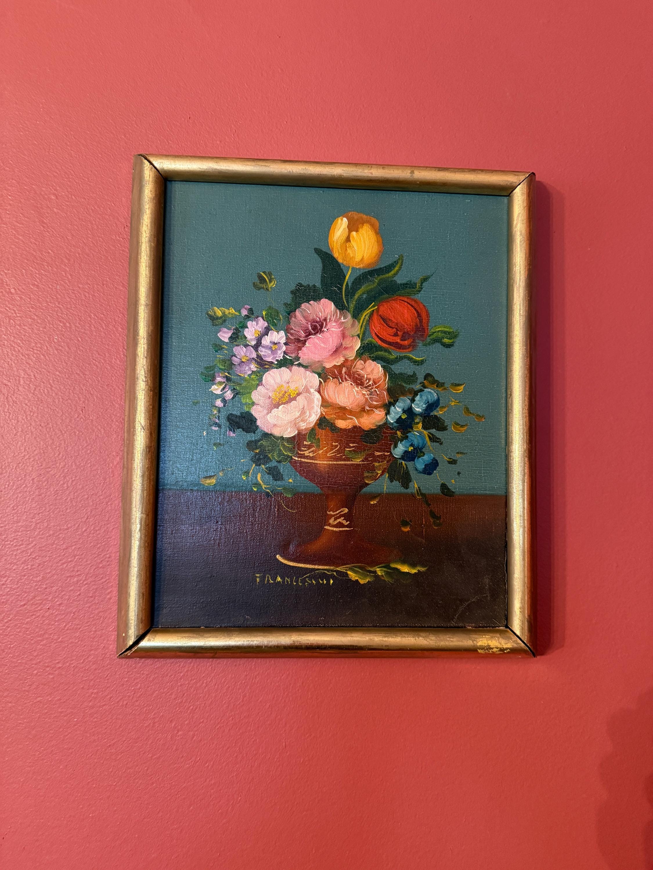 Vintage Floral Oil Painting Wall Art Collectible Signed Artwork Floral Still Life Oil Painting Francesco Wood Gilded Frame European Artwork