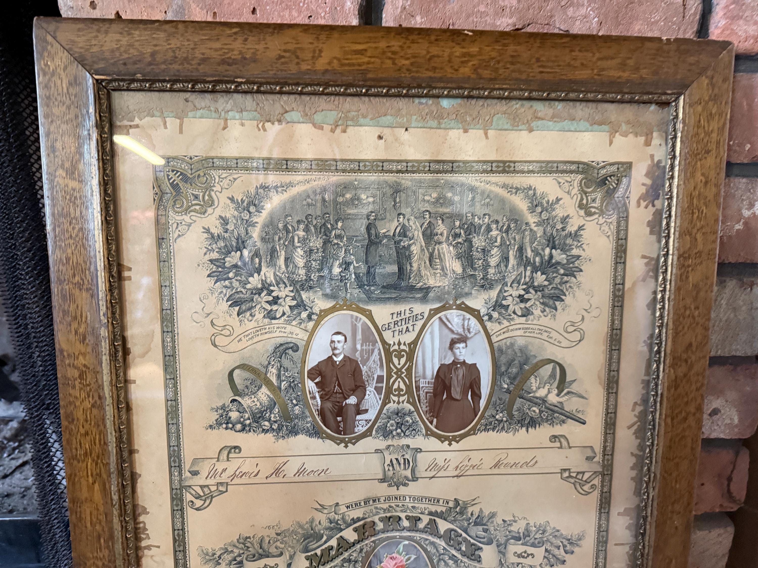 Antique 1896 Marriage Certificate Art Print Framed Religious Floral Engraving Wall Decor Wedding Ephemera Victorian Couple Photograph