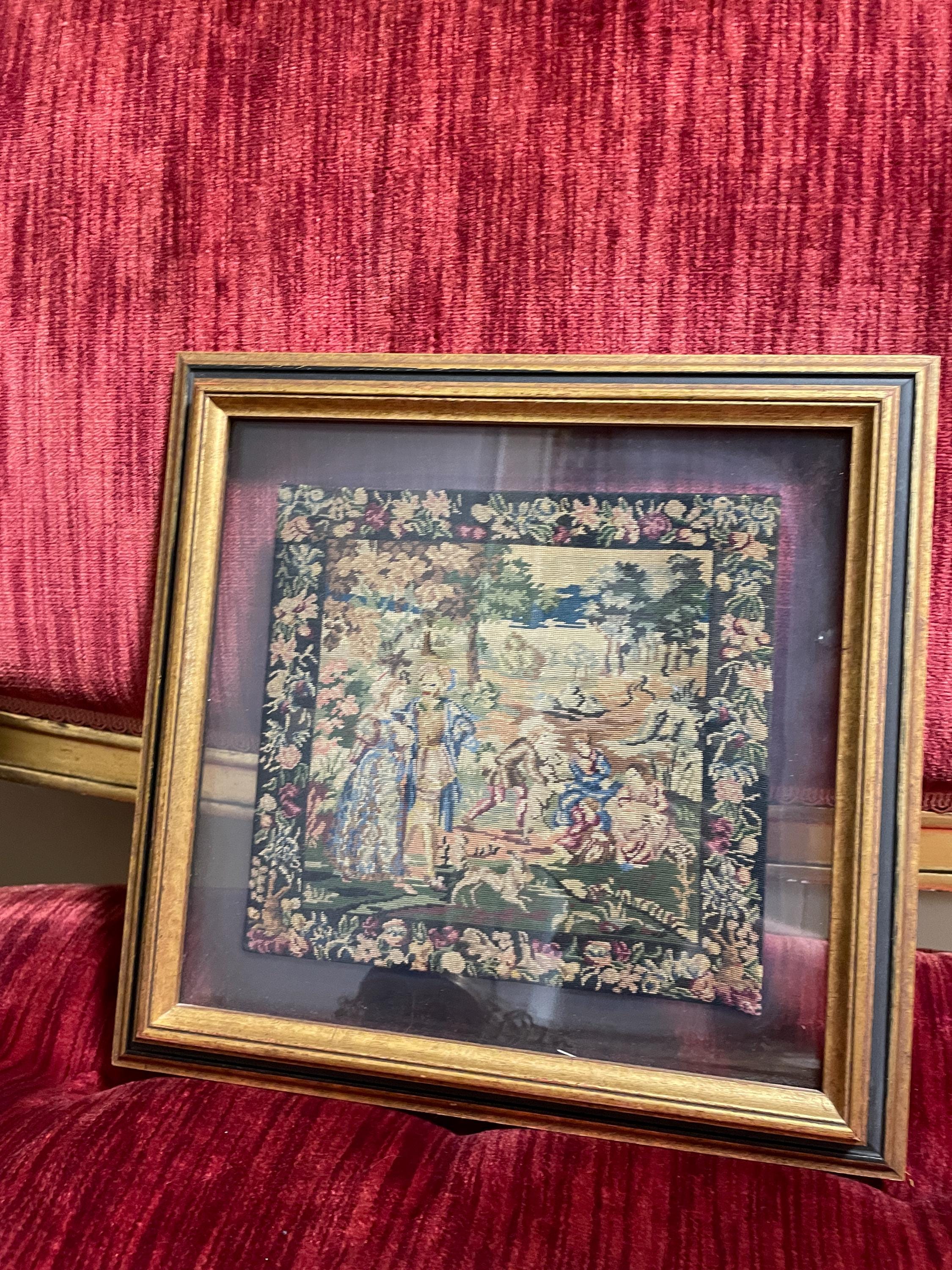Vintage Handcrafted Needlepoint Tapestry Art Gold Frame Romantic Pastoral Scene European Wall Decoration Antique Style Embroidery Picture