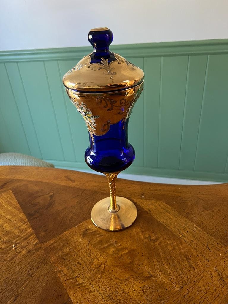Vintage Cobalt Blue Bohemian Glass Goblet Lidded Container Gold Enamel Floral Accent Elegant Tall Barware Display Collectible Decoration