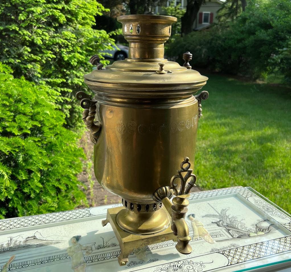 Antique Russian Brass Samovar Tula Imperial Stamps Ornate Faucet Tea Urn Czarist Era Collectible Kitchen Decoration Vintage Russian Teapot