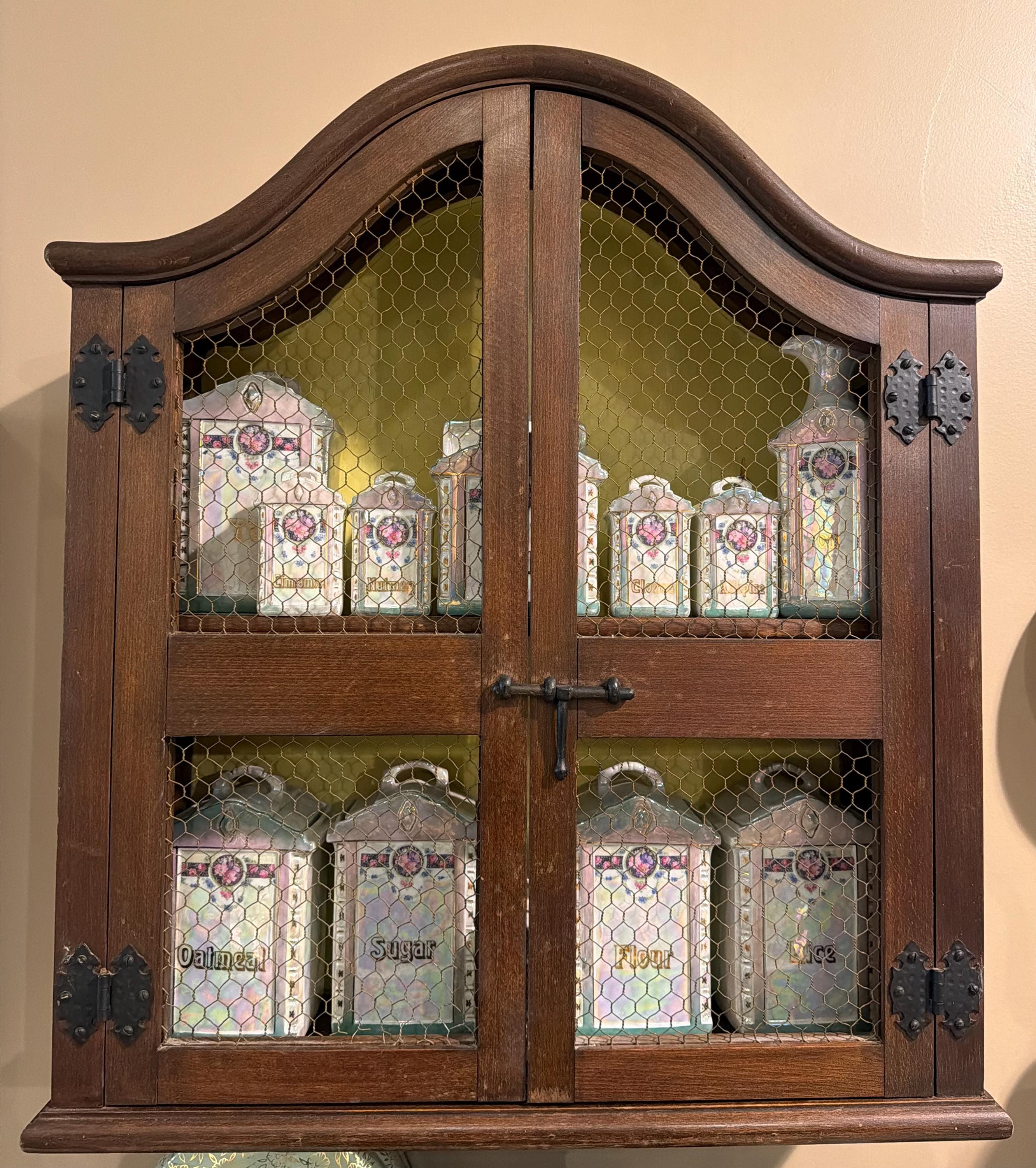 Antique Lusterware Spice Cabinet Set Complete Kitchen Canisters Farmhouse Wall Cabinet Chicken Wire 1920s 1930s