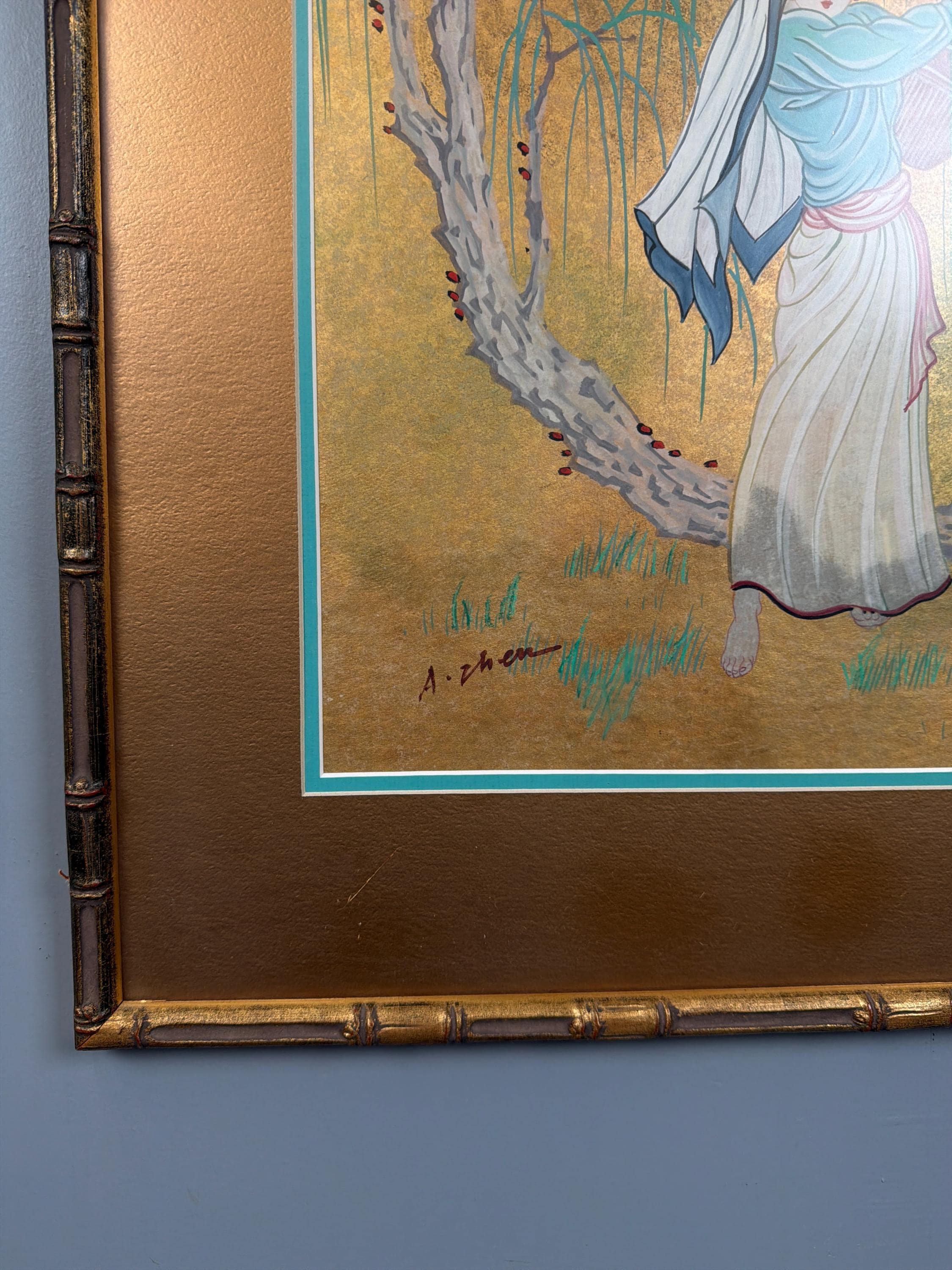 Vintage Asian Inspired Gold Leaf Painting Woman Willow Tree Framed Wall Art Oriental Decor Bamboo
