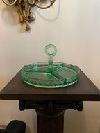 Vintage Green Glass Divided Serving Tray Elegant Round Centerpiece Handle Design Etched Laurel Pattern Entertaining Tableware Serving Dish