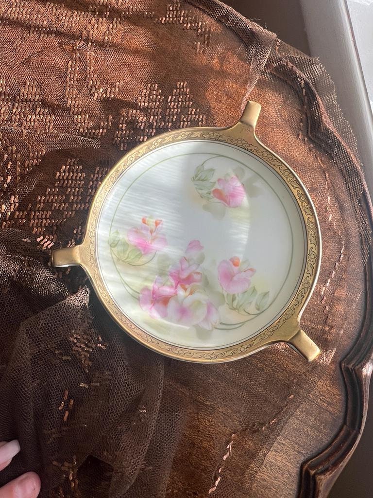 R S Germany Stamped Antique Hand Painted Radish Dish Pink Floral Plate Gold Rim Open Handles Vintage Porcelain French Style Collectible