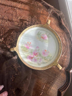 R S Germany Stamped Antique Hand Painted Radish Dish Pink Floral Plate Gold Rim Open Handles Vintage Porcelain French Style Collectible