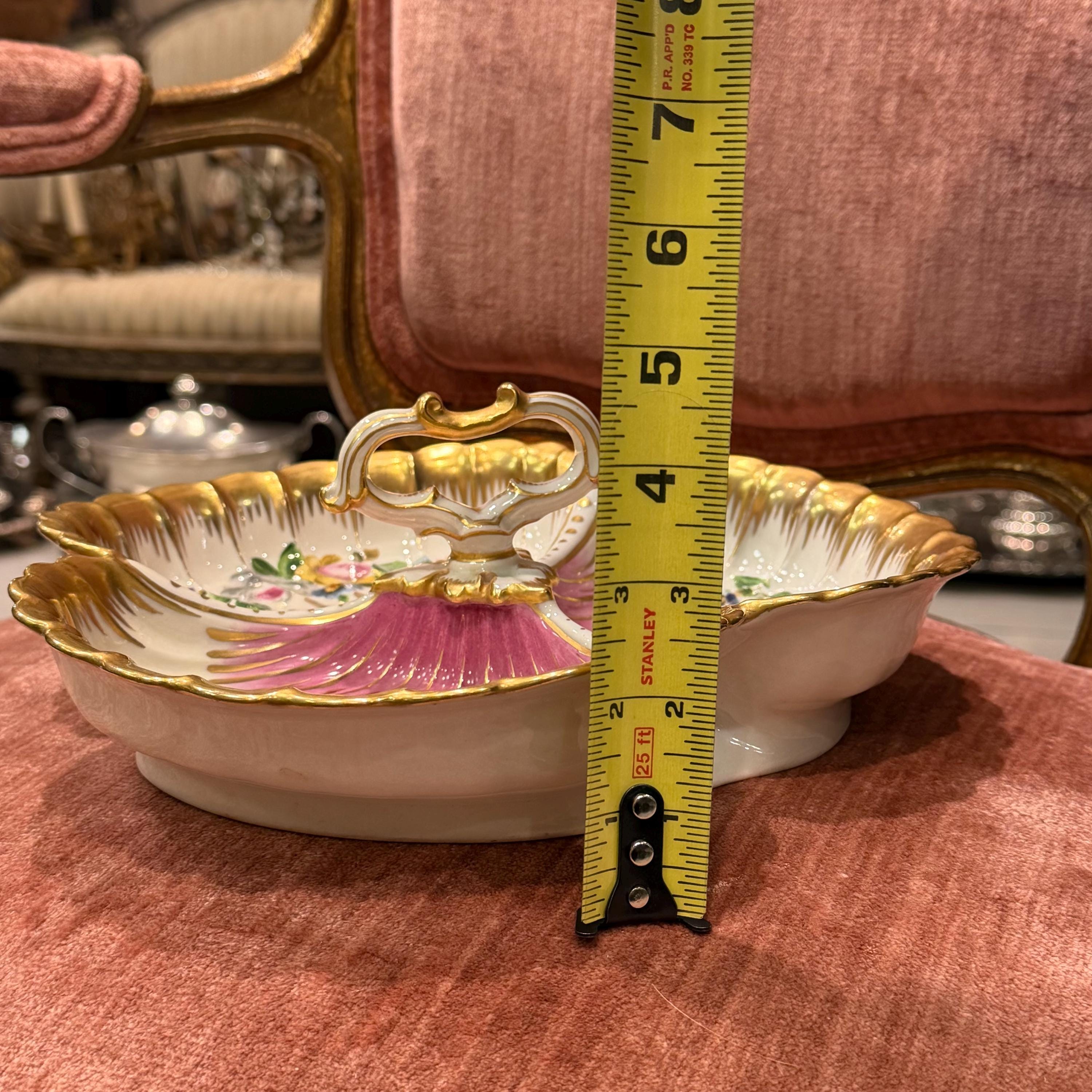 Antique German Hand-Painted Floral Gilt Porcelain Serving Dish, Rococo Candy Bowl
